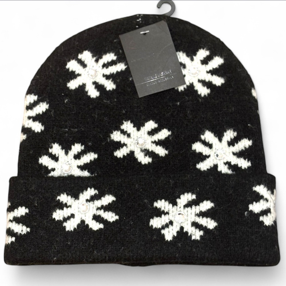 Black Floral Beanie with Rhinestones NWT